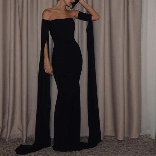 Dramatic Mermaid Off-Shoulder Draped-Sleeve Black Maxi Evening Dress for Women
