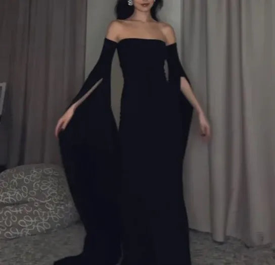 Dramatic Mermaid Off-Shoulder Draped-Sleeve Black Maxi Evening Dress for Women