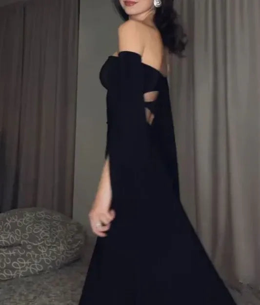 Dramatic Mermaid Off-Shoulder Draped-Sleeve Black Maxi Evening Dress for Women