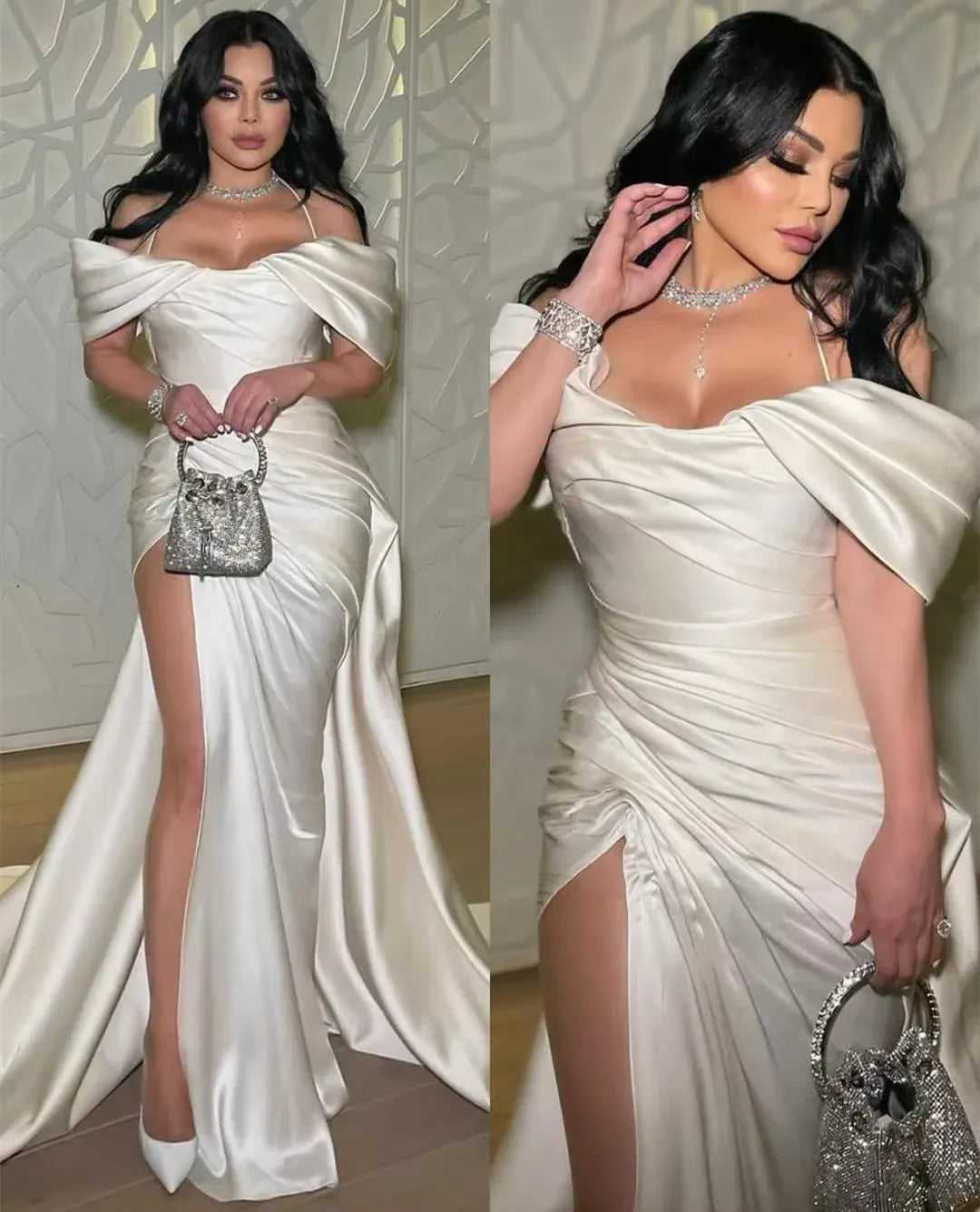 Dramatic Mermaid Off-Shoulder Sleeveless Draped-Satin Ivory Floor-Length Train Evening Dress for Women