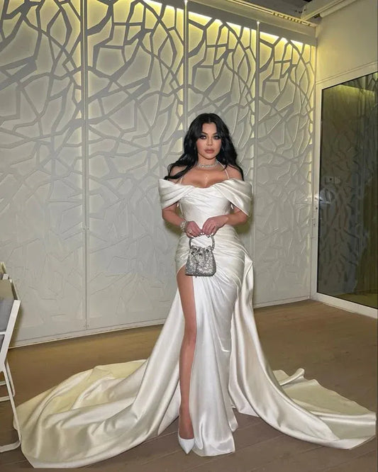 Dramatic Mermaid Off-Shoulder Sleeveless Draped-Satin Ivory Floor-Length Train Evening Dress for Women