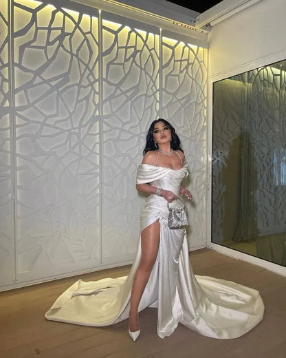 Dramatic Mermaid Off-Shoulder Sleeveless Draped-Satin Ivory Floor-Length Train Evening Dress for Women