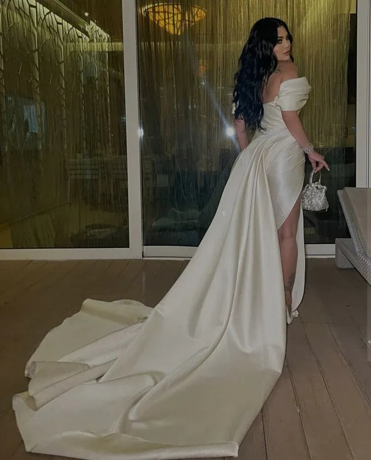 Dramatic Mermaid Off-Shoulder Sleeveless Draped-Satin Ivory Floor-Length Train Evening Dress for Women
