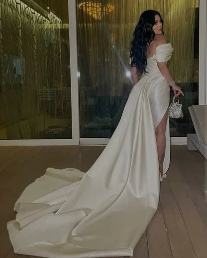 Dramatic Mermaid Off-Shoulder Sleeveless Draped-Satin Ivory Floor-Length Train Evening Dress for Women