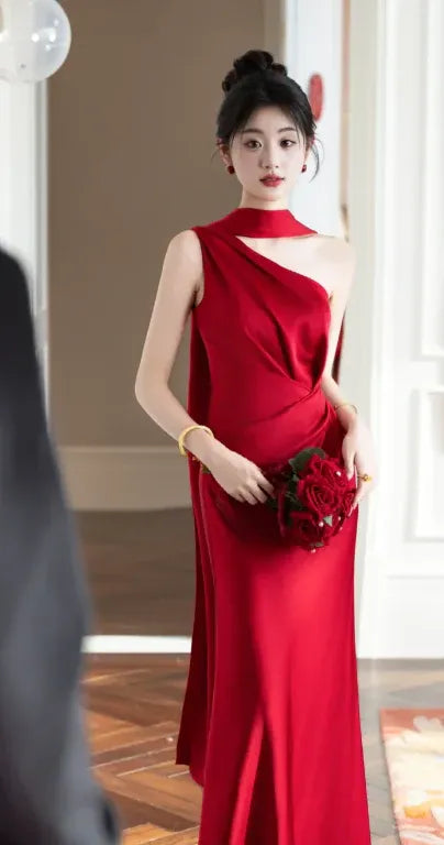 Dramatic Mermaid One-Shoulder Sleeveless Draped Red Maxi Prom Dress for Women Ready to Ship