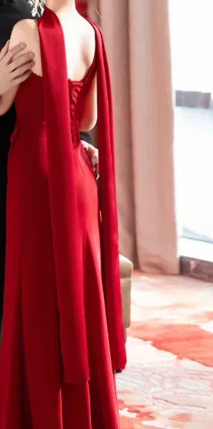 Dramatic Mermaid One-Shoulder Sleeveless Draped Red Maxi Prom Dress for Women Ready to Ship