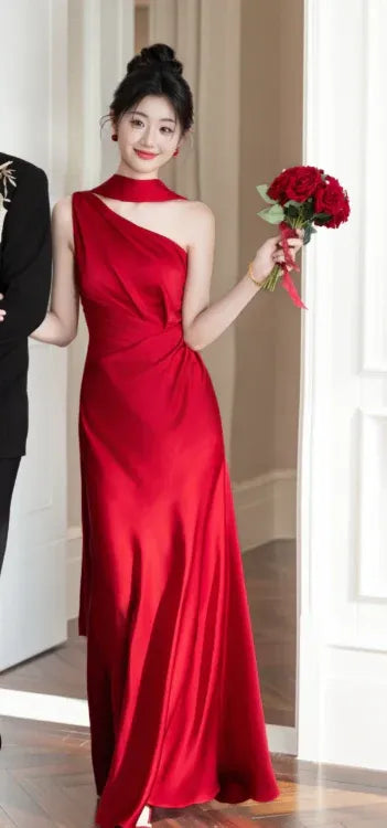 Dramatic Mermaid One-Shoulder Sleeveless Draped Red Maxi Prom Dress for Women Ready to Ship