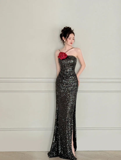 Dramatic Mermaid One-Shoulder Sleeveless Floral-Accented Black-Sequin Maxi Prom Dress for Women hot sale