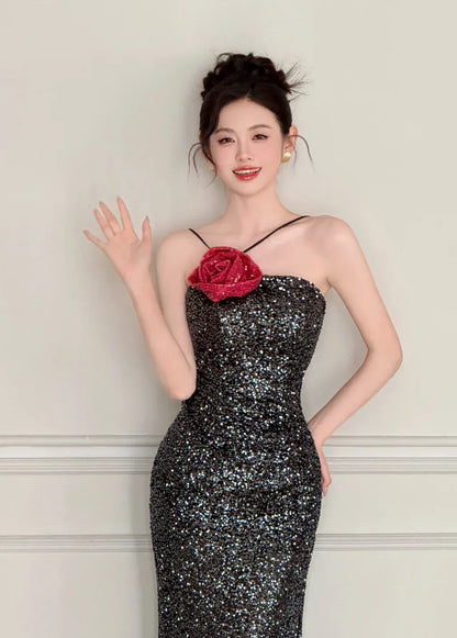 Dramatic Mermaid One-Shoulder Sleeveless Floral-Accented Black-Sequin Maxi Prom Dress for Women hot sale