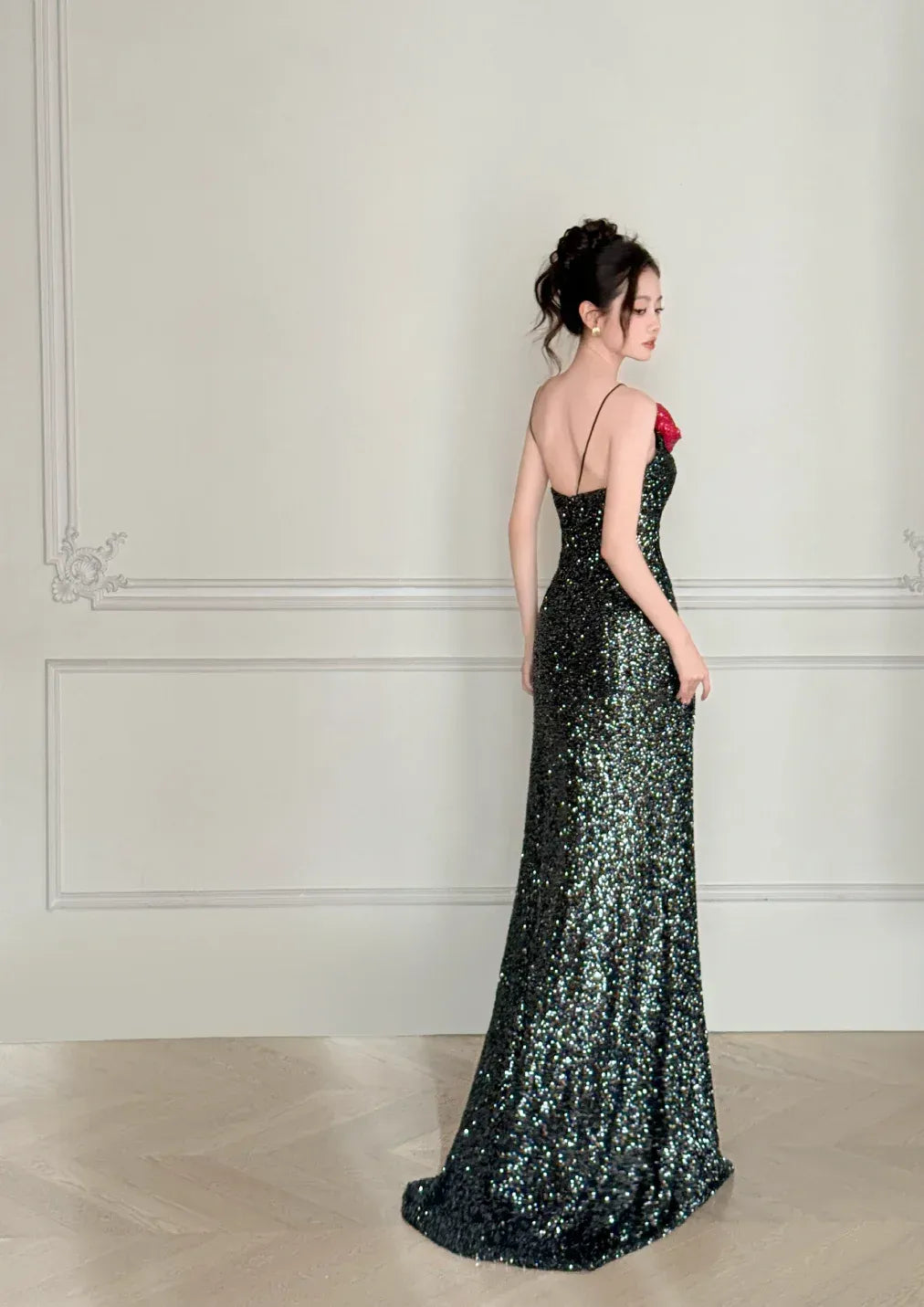 Dramatic Mermaid One-Shoulder Sleeveless Floral-Accented Black-Sequin Maxi Prom Dress for Women hot sale