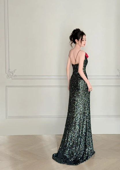 Dramatic Mermaid One-Shoulder Sleeveless Floral-Accented Black-Sequin Maxi Prom Dress for Women hot sale