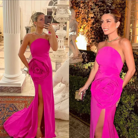Dramatic Mermaid Strapless Sleeveless Rose-Accent Satin Magenta Floor-Length Evening Dress for Women