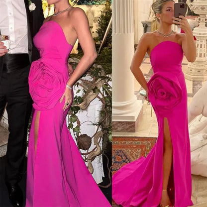 Dramatic Mermaid Strapless Sleeveless Rose-Accent Satin Magenta Floor-Length Evening Dress for Women