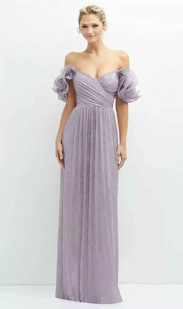 Dramatic Ruffle Edge Convertible Strap Metallic Pleated Maxi Dress in Metallic Lilac Haze