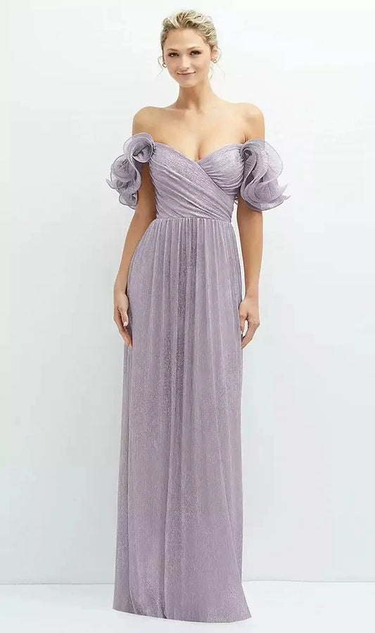 Dramatic Ruffle Edge Convertible Strap Metallic Pleated Maxi Dress in Metallic Lilac Haze