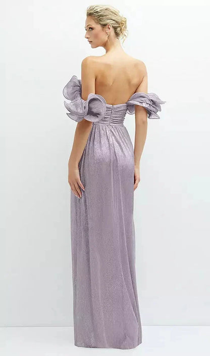Dramatic Ruffle Edge Convertible Strap Metallic Pleated Maxi Dress in Metallic Lilac Haze