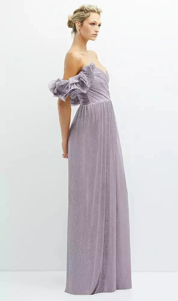 Dramatic Ruffle Edge Convertible Strap Metallic Pleated Maxi Dress in Metallic Lilac Haze