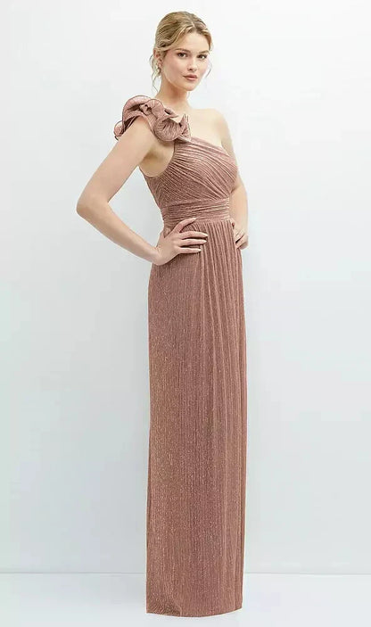 Dramatic Ruffle Edge One-Shoulder Metallic Pleated Maxi Dress in Metallic Sienna