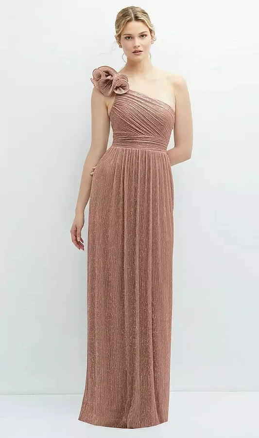 Dramatic Ruffle Edge One-Shoulder Metallic Pleated Maxi Dress in Metallic Sienna