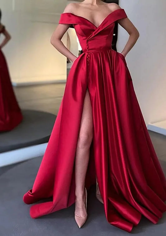 Dramatic Satin Floor-Length Evening Dress Red Off-the-Shoulder Sleeveless Women