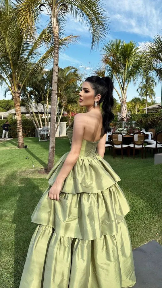 Dramatic Satin Maxi Evening Dress Sage Sweetheart Strapless for Women