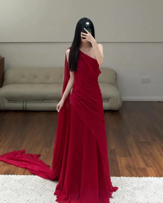 Dramatic Sheath One-Shoulder Sleeveless Draped Chiffon Red Floor-Length Prom Dress for Women