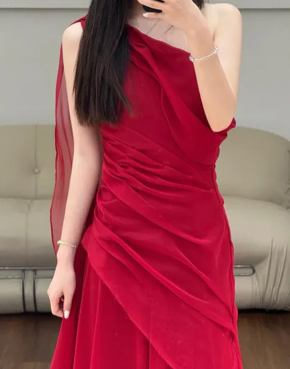 Dramatic Sheath One-Shoulder Sleeveless Draped Chiffon Red Floor-Length Prom Dress for Women