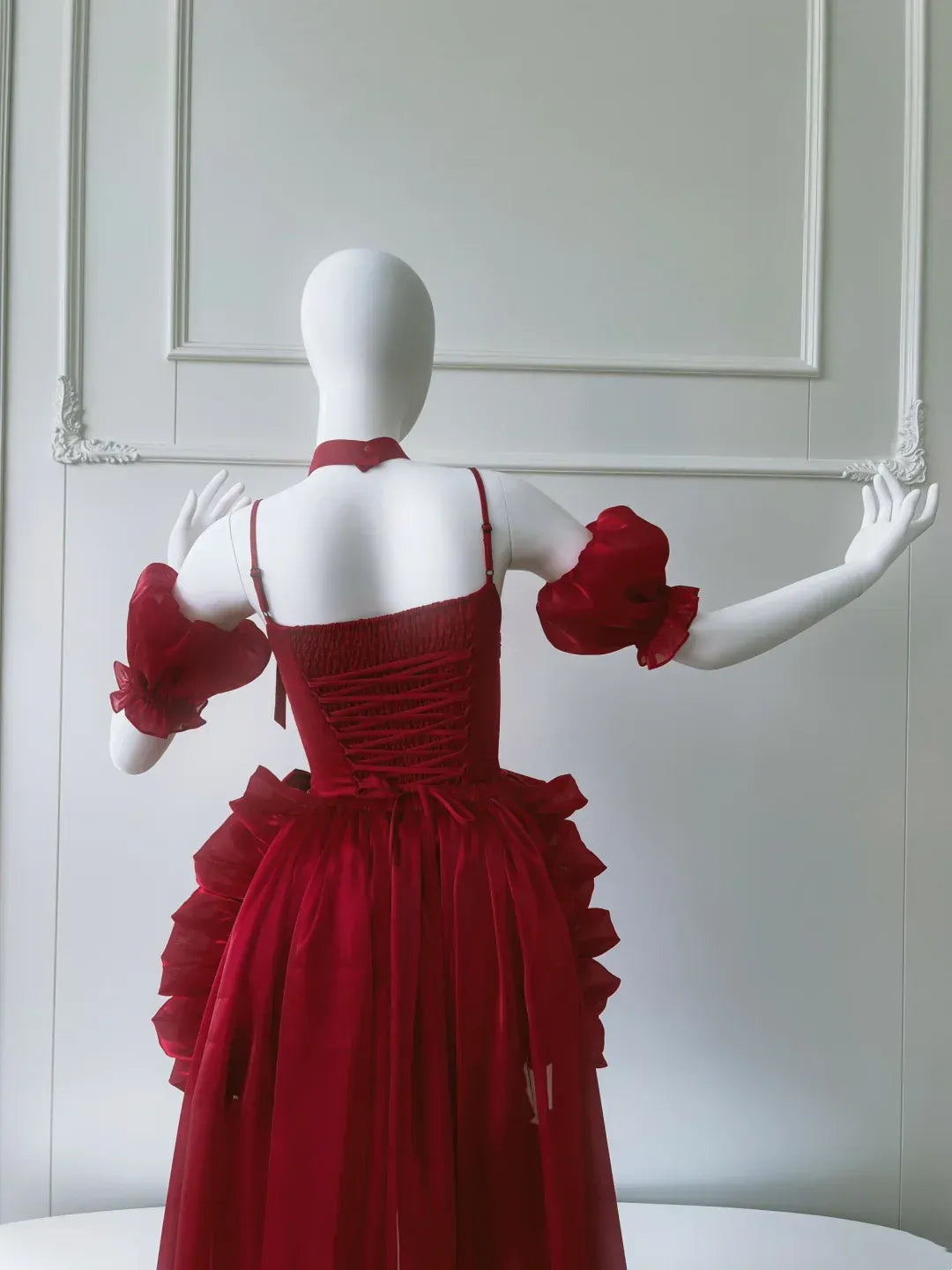 Dramatic Tulle-Satin High-Low Evening Dress Red Bow Neck Puff Sleeve for Women