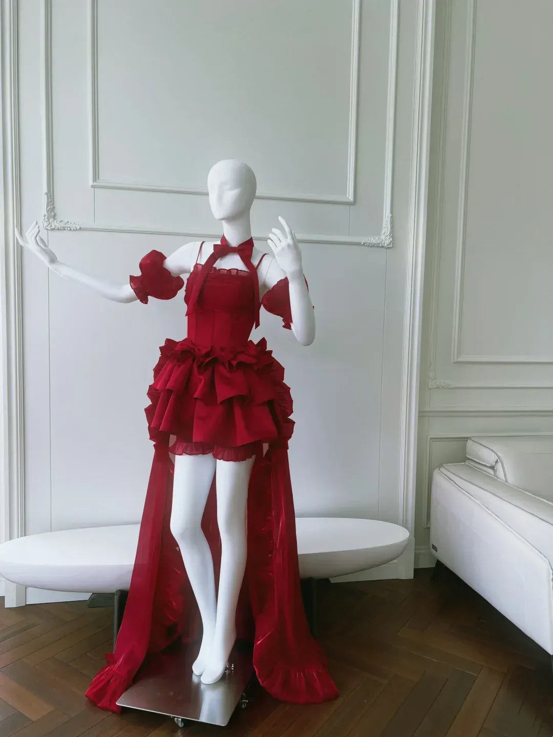Dramatic Tulle-Satin High-Low Evening Dress Red Bow Neck Puff Sleeve for Women