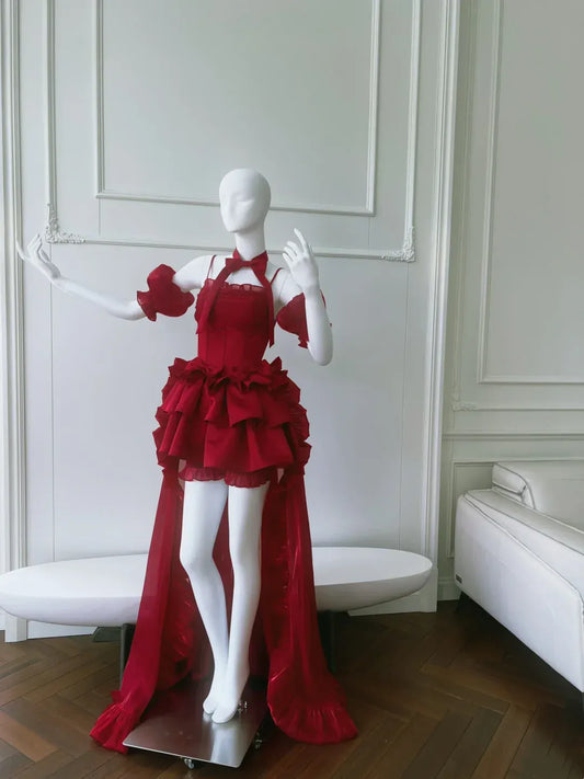 Dramatic Tulle-Satin High-Low Evening Dress Red Bow Neck Puff Sleeve for Women