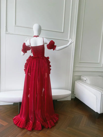 Dramatic Tulle-Satin High-Low Evening Dress Red Bow Neck Puff Sleeve for Women