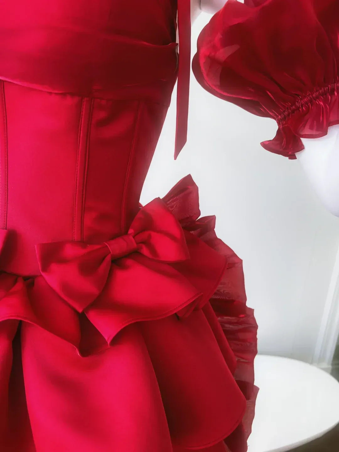 Dramatic Tulle-Satin High-Low Evening Dress Red Bow Neck Puff Sleeve for Women