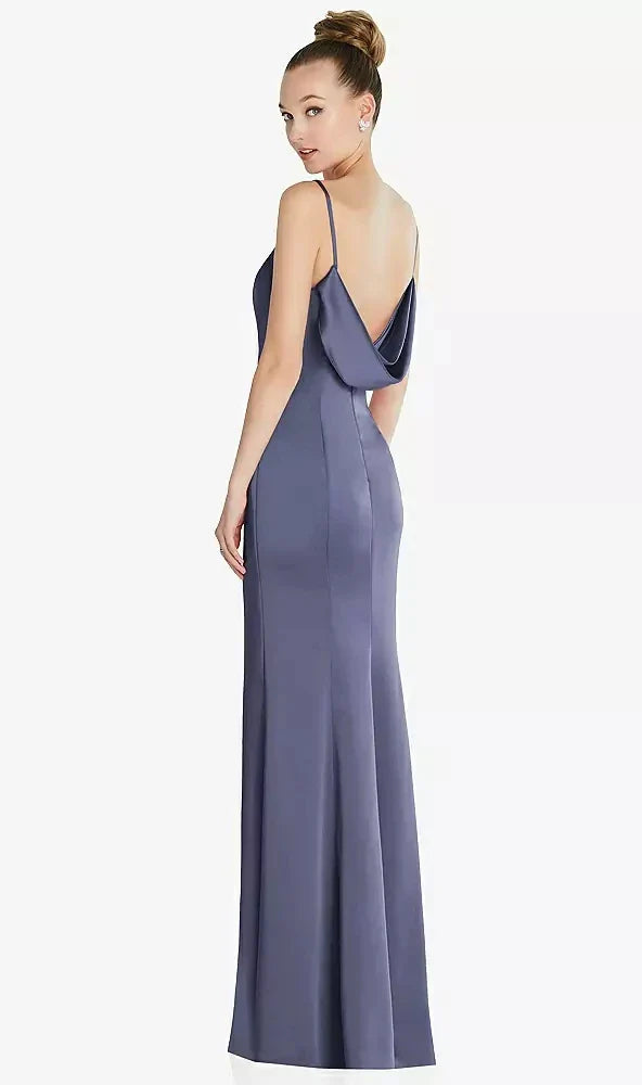Draped Cowl-Back Princess Line Dress with Front Slit in French Blue