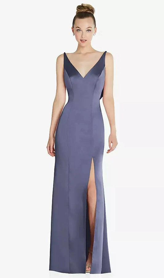 Draped Cowl-Back Princess Line Dress with Front Slit in French Blue