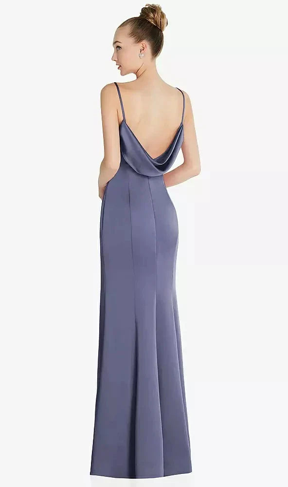 Draped Cowl-Back Princess Line Dress with Front Slit in French Blue