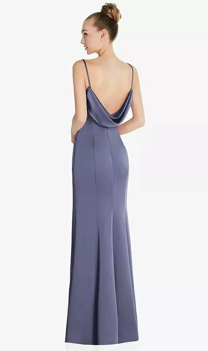 Draped Cowl-Back Princess Line Dress with Front Slit in French Blue