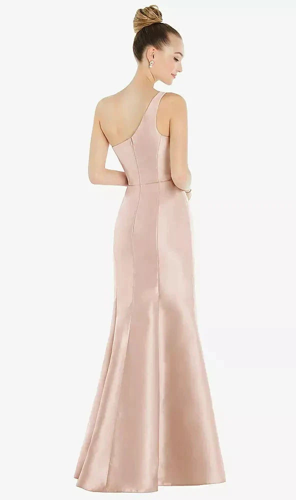Draped One-Shoulder Satin Trumpet Gown with Front Slit in Cameo