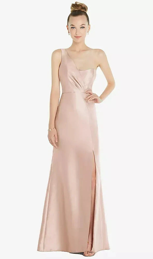 Draped One-Shoulder Satin Trumpet Gown with Front Slit in Cameo