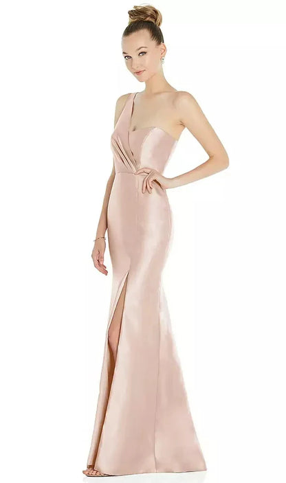 Draped One-Shoulder Satin Trumpet Gown with Front Slit in Cameo