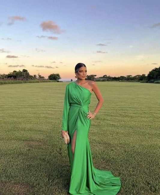 Draped Satin Floor-Length Evening Dress Emerald One-Shoulder High-Slit for Women