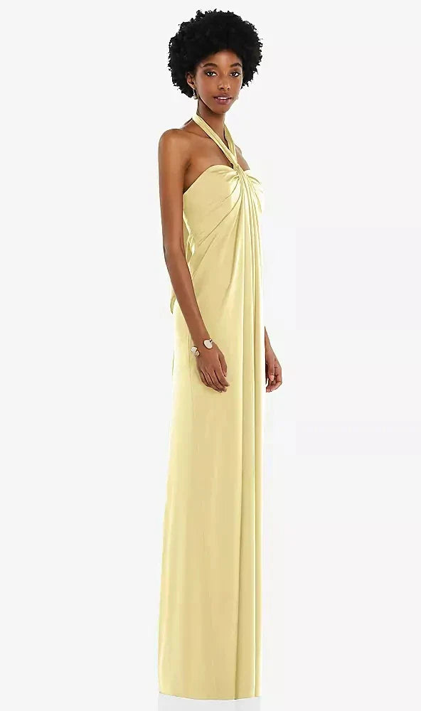 Draped Satin Grecian Column Gown with Convertible Straps in Pale Yellow