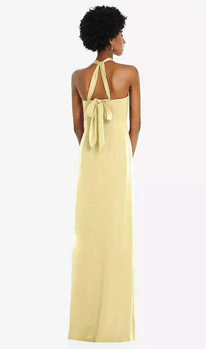 Draped Satin Grecian Column Gown with Convertible Straps in Pale Yellow