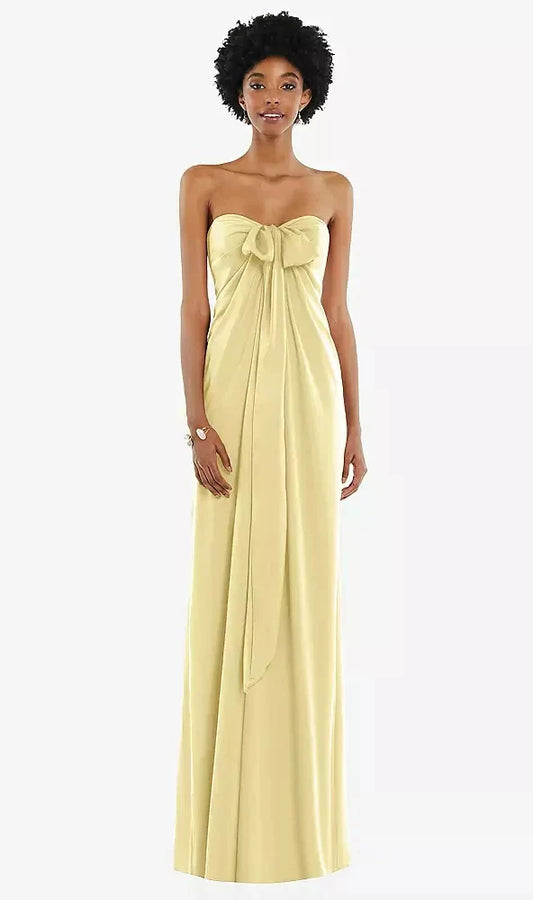 Draped Satin Grecian Column Gown with Convertible Straps in Pale Yellow