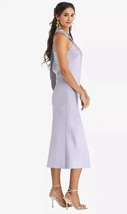 Draped Twist Halter Tie-Back Midi Dress - Paloma in Silver Dove