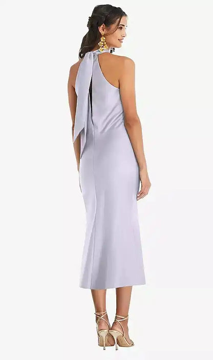 Draped Twist Halter Tie-Back Midi Dress - Paloma in Silver Dove