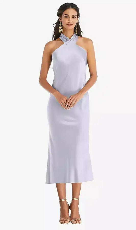 Draped Twist Halter Tie-Back Midi Dress - Paloma in Silver Dove