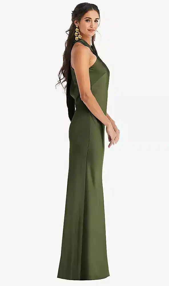 Draped Twist Halter Tie-Back Trumpet Gown in Olive Green