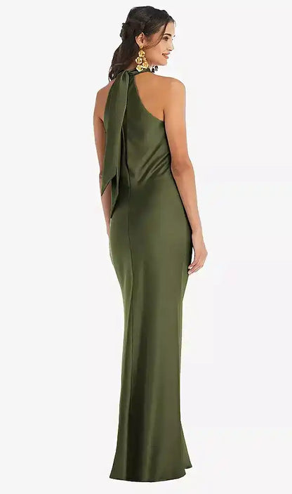 Draped Twist Halter Tie-Back Trumpet Gown in Olive Green