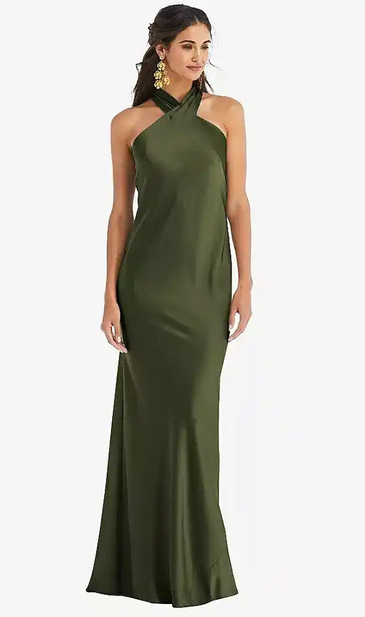 Draped Twist Halter Tie-Back Trumpet Gown in Olive Green