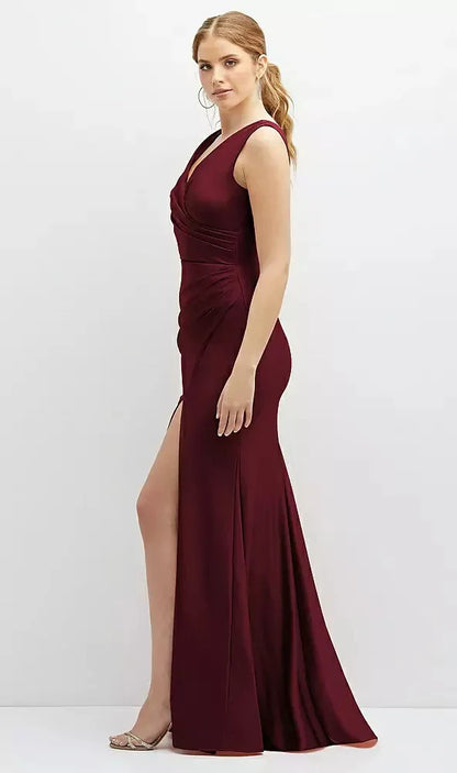 Draped Wrap Stretch Satin Mermaid Dress with Horsehair Hem in Cabernet